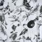 Preview: Viskose Druck Sittiche Kranich Zweige weiß grau
