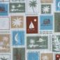 Preview: Baumwolljersey Briefmarken Reisemotive grün beige blau