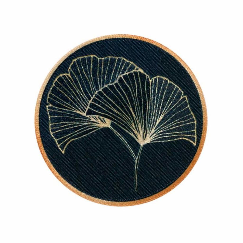 Bügelbild Applikation Label rund Ginkgoblätter anthrazit