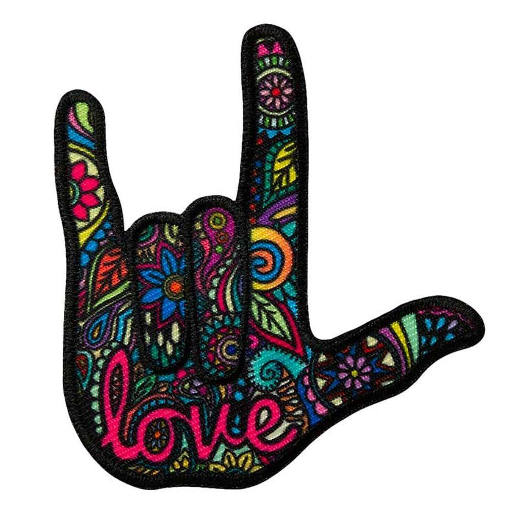 Bügelbild Applikation Hippie Hand Love