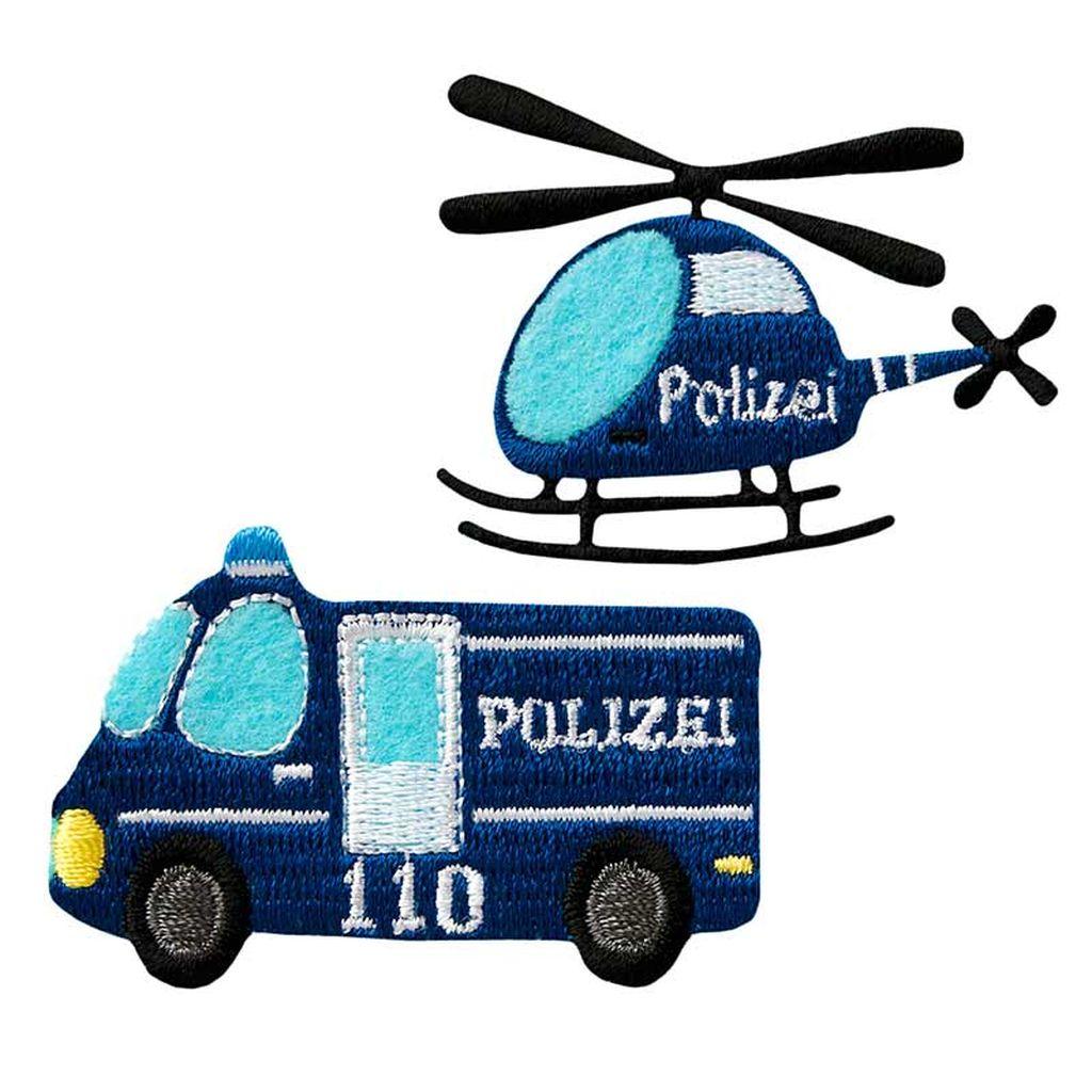 Bügelbild Applikation Polizei Auto und Hubschrauber