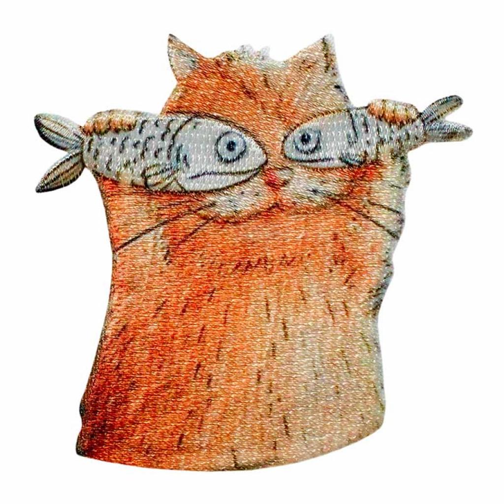 Bügelbild Applikation Katze mit Fisch Digitaldruck