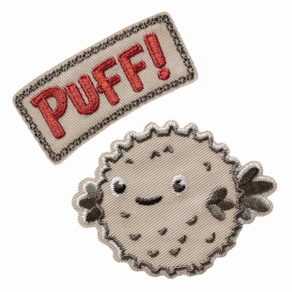 Bügelbild Applikation Kugelfisch Textlabel Puff!  2er Set