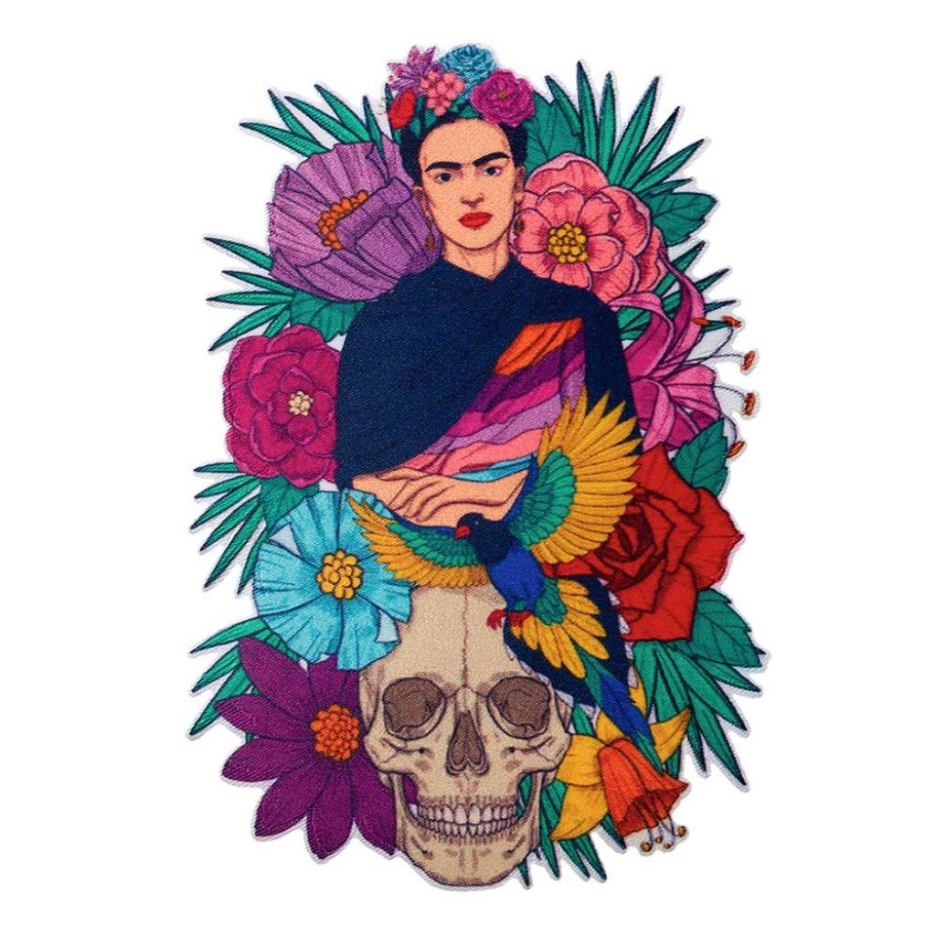 Bügelbild Applikation Frida Kahlo Blumen Totenkopf