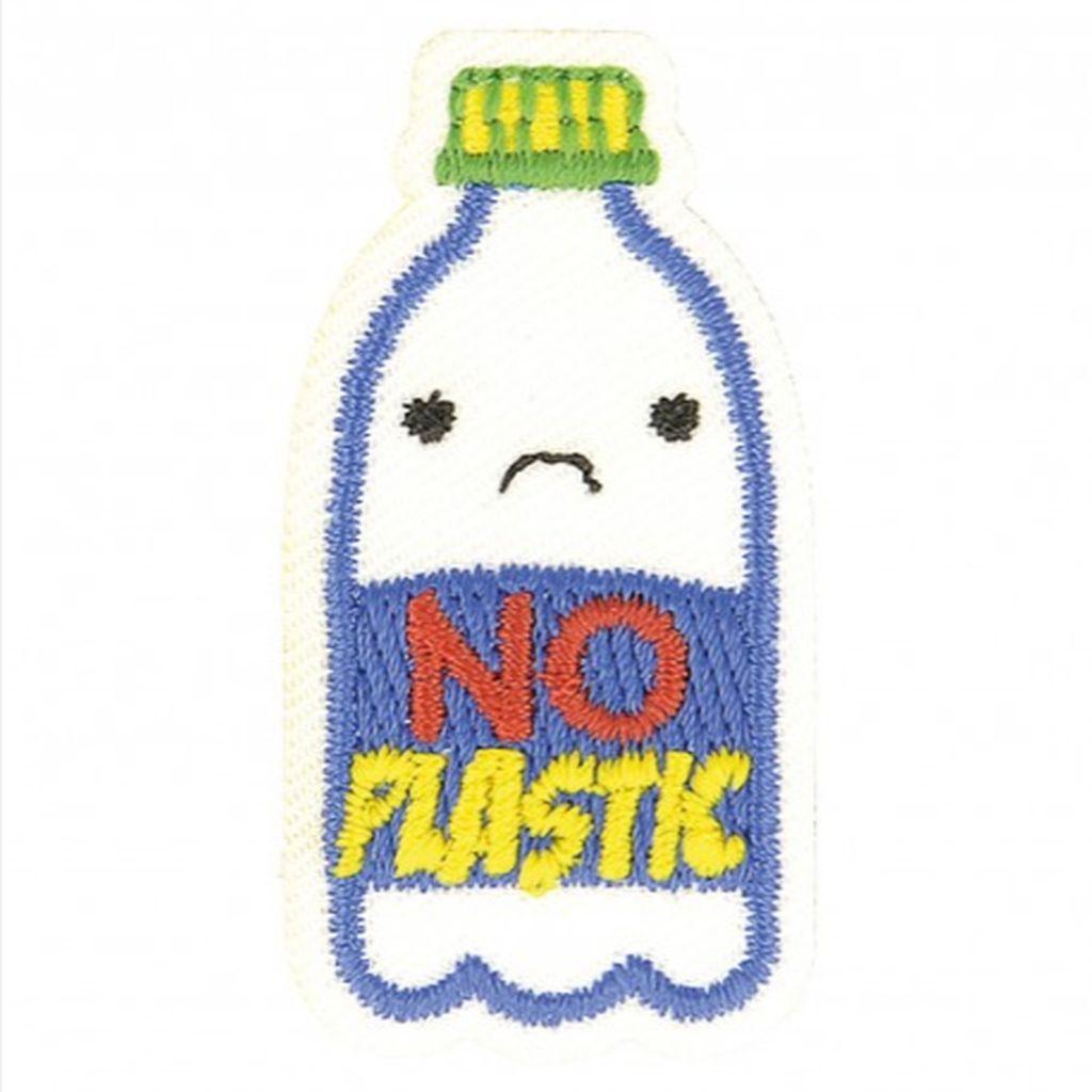 Bügelbild Applikation Flasche "no plastic"