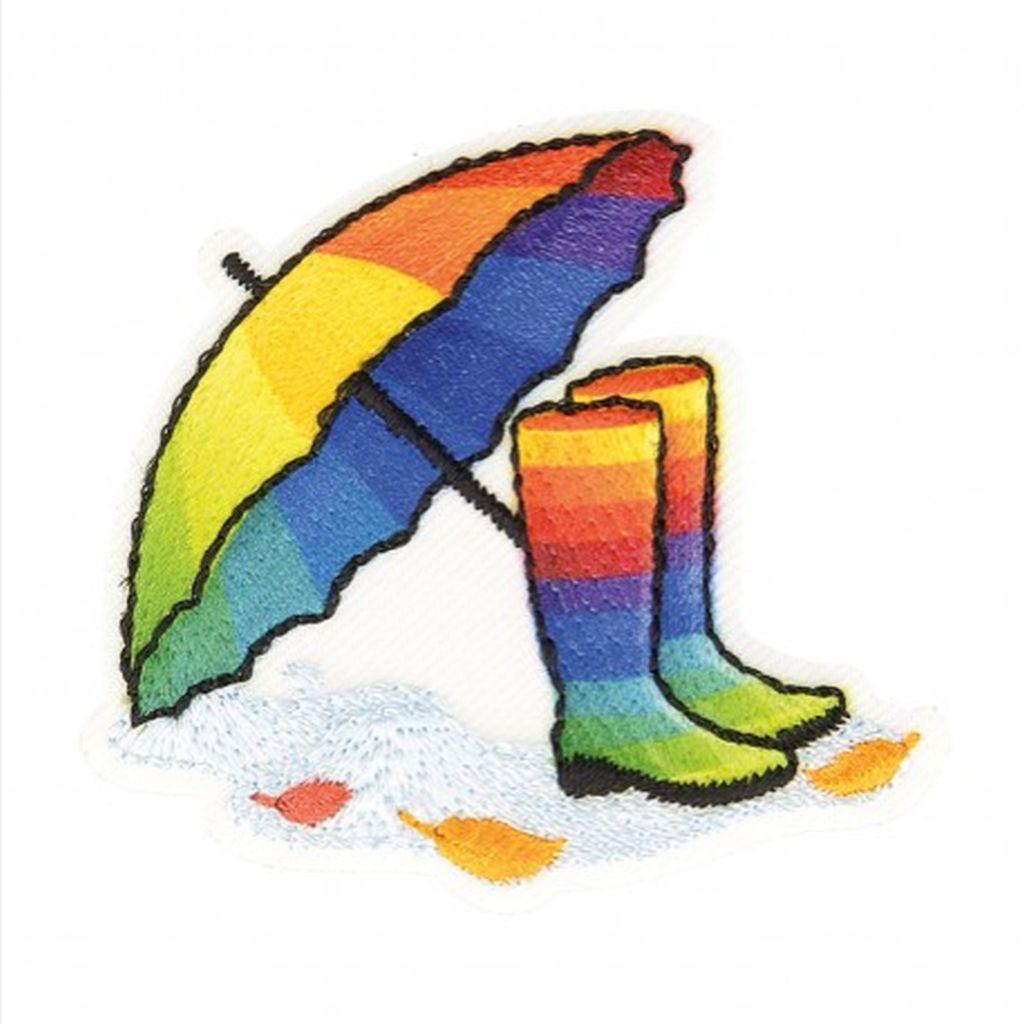 Bügelbild Applikation Gummistiefel Regenschirm bunt