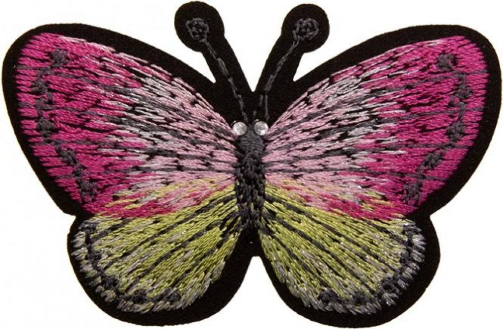 Bügelbild Applikation Schmetterling grün pink mit Steinen