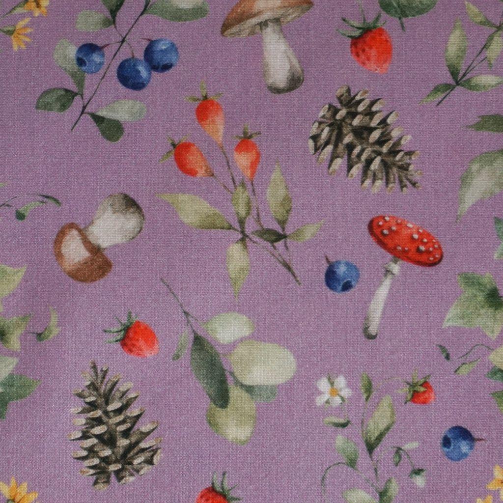 Baumwollstoff Motivdruck Blätter Blüten Pilze Herbst mauve