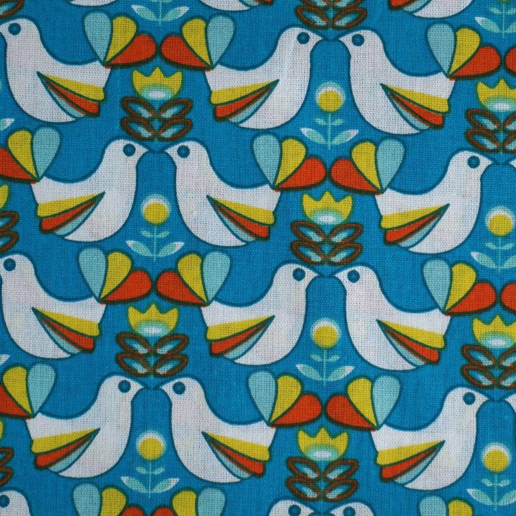 Baumwollstoff Motivdruck Retro Vögel türkisblau gelb orange
