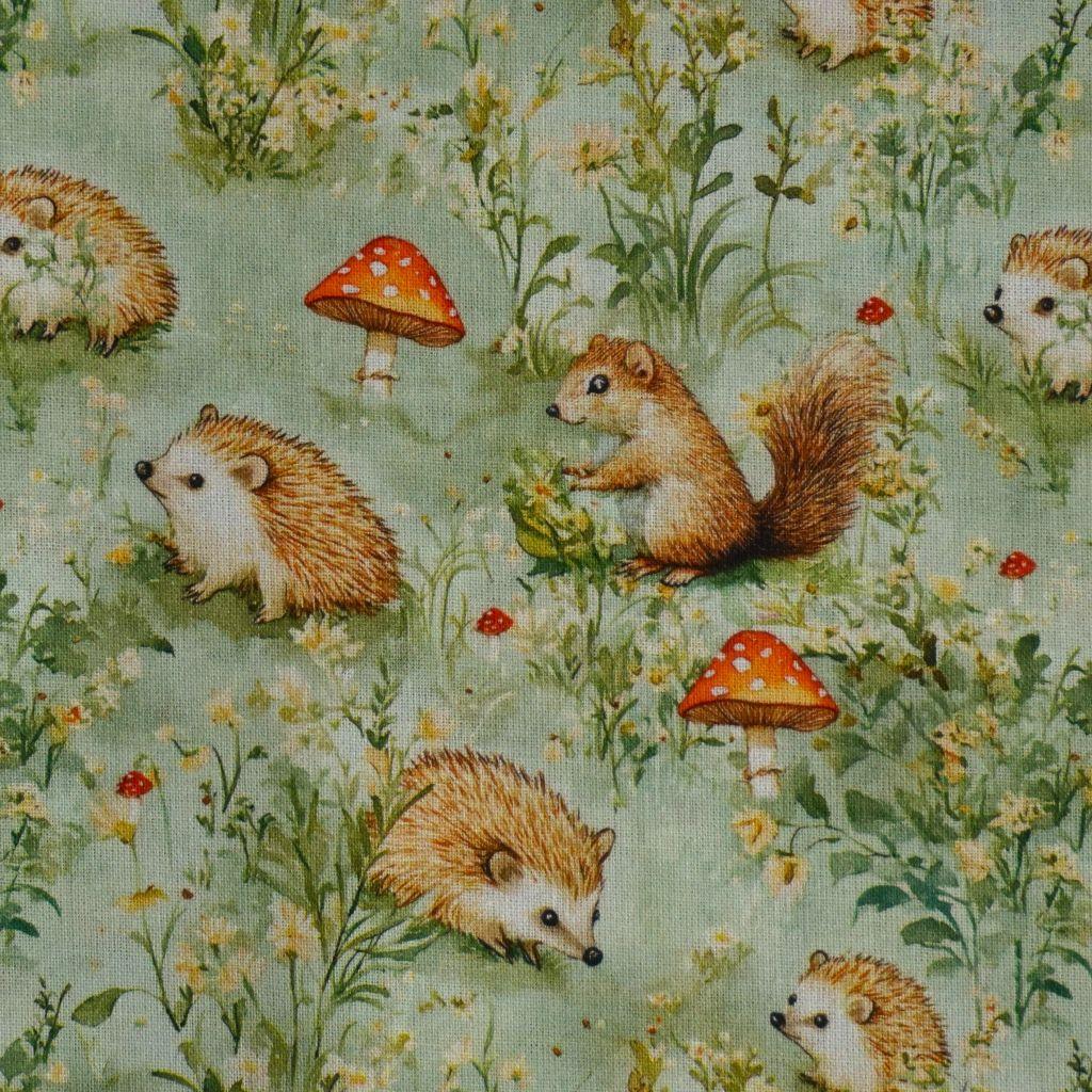 Baumwollstoff Motivdruck Igel Eichhörnchen Pilze hellgrün