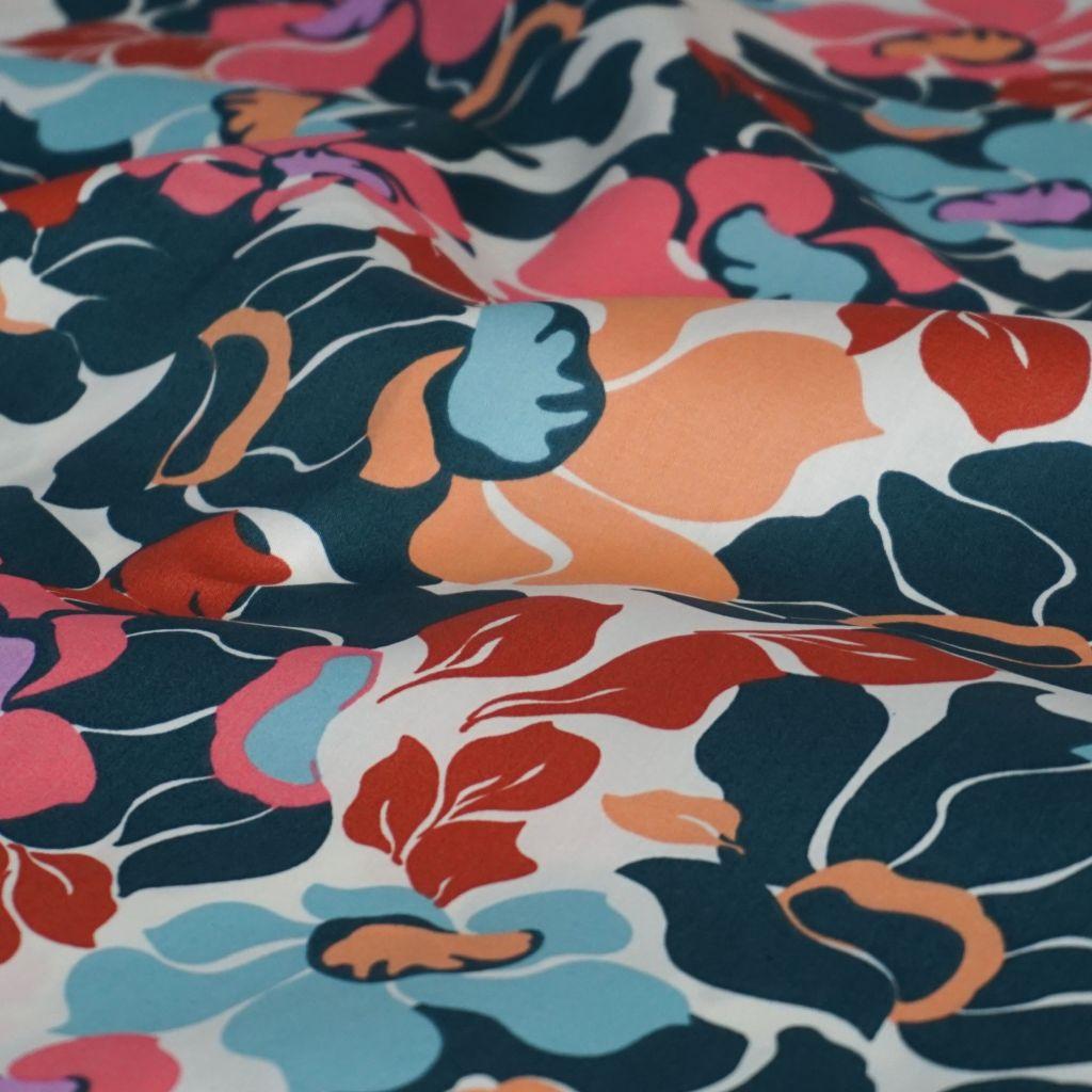 Leichte Baumwolle Satin große Blüten grün rosa pfirsich