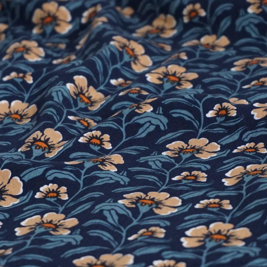 Viskose Druck Blumen blau beige