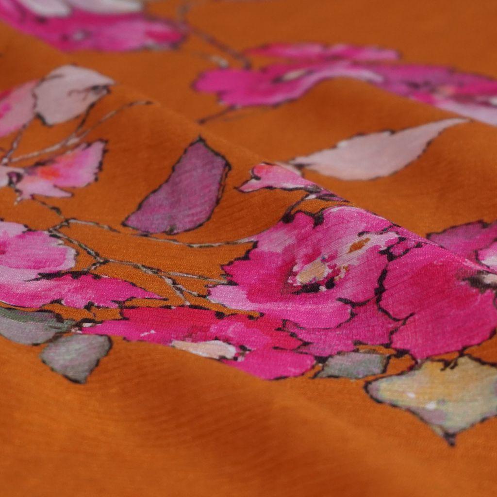 Viskose Plissé Blumen orange pink