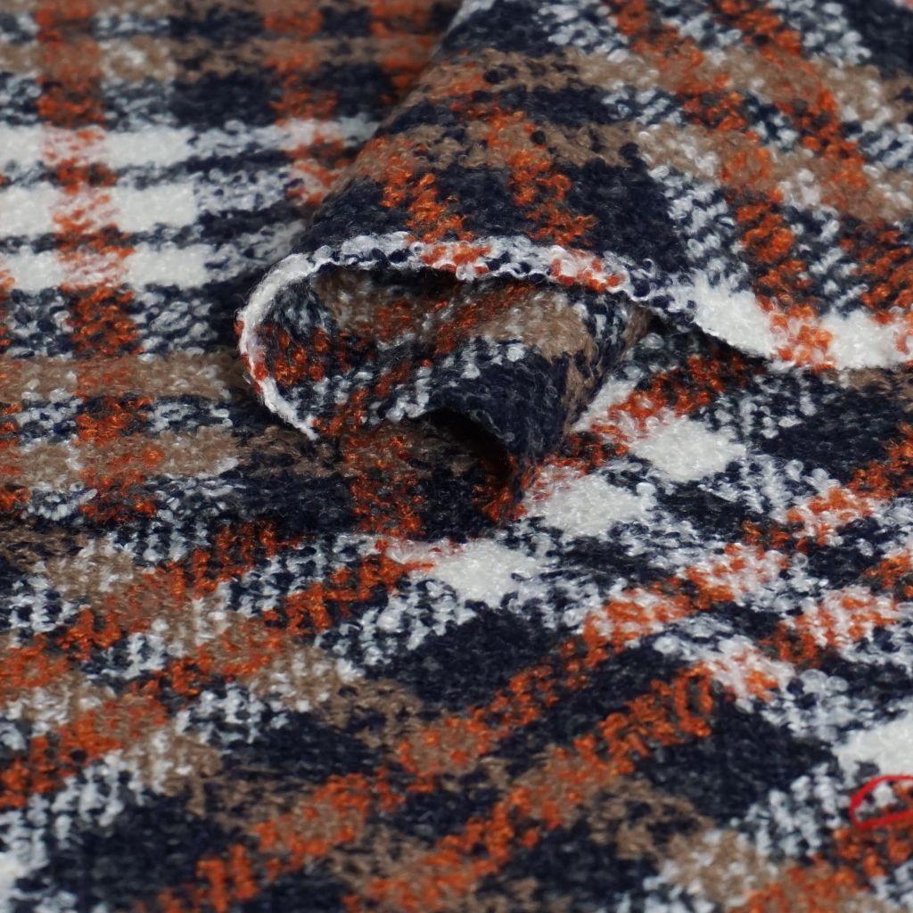 Bouclé Mantelstoff Karo blau rost beige