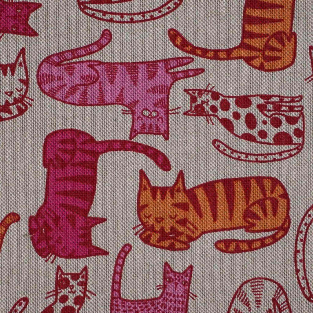 Dekostoff Halbpanama Katzen pink orange auf beige