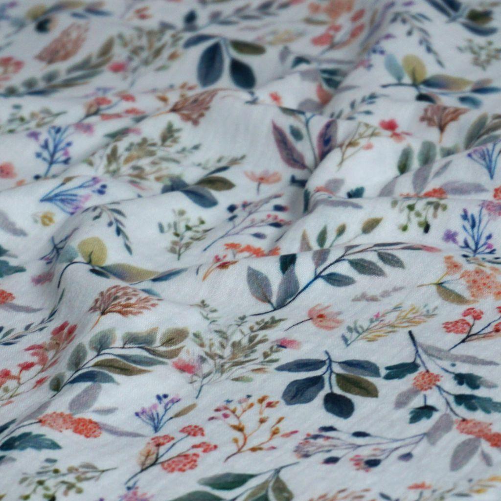 Musselin Double Gauze Zweige Grüntöne orange ecru