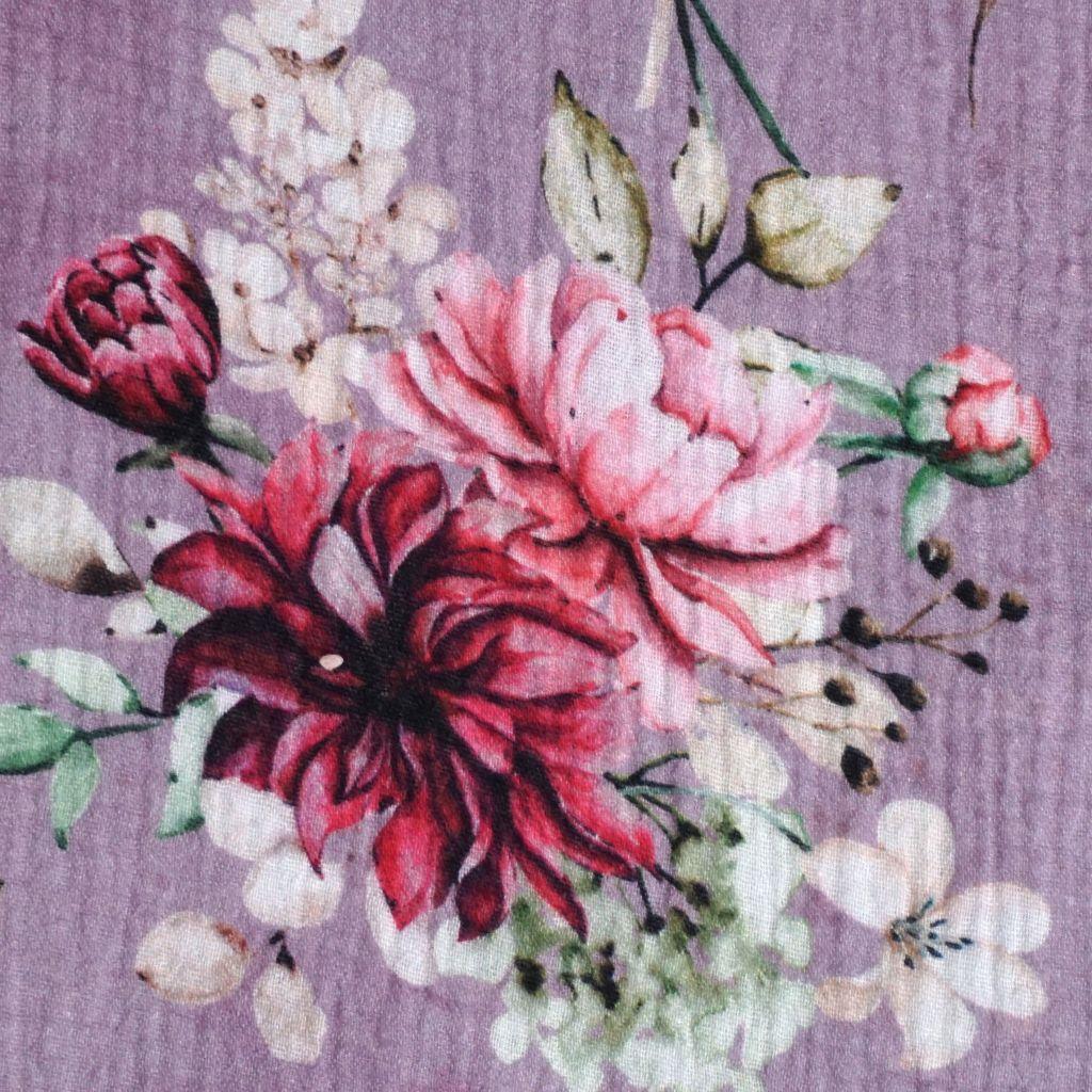 Preview: Musselin Double Gauze Blumenbouquet Blüten flieder