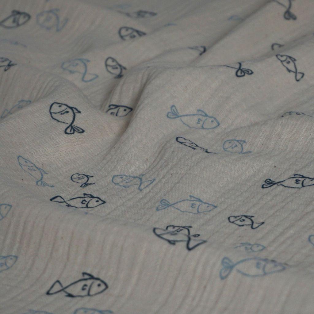 Musselin Double Gauze Fische auf kittbeige