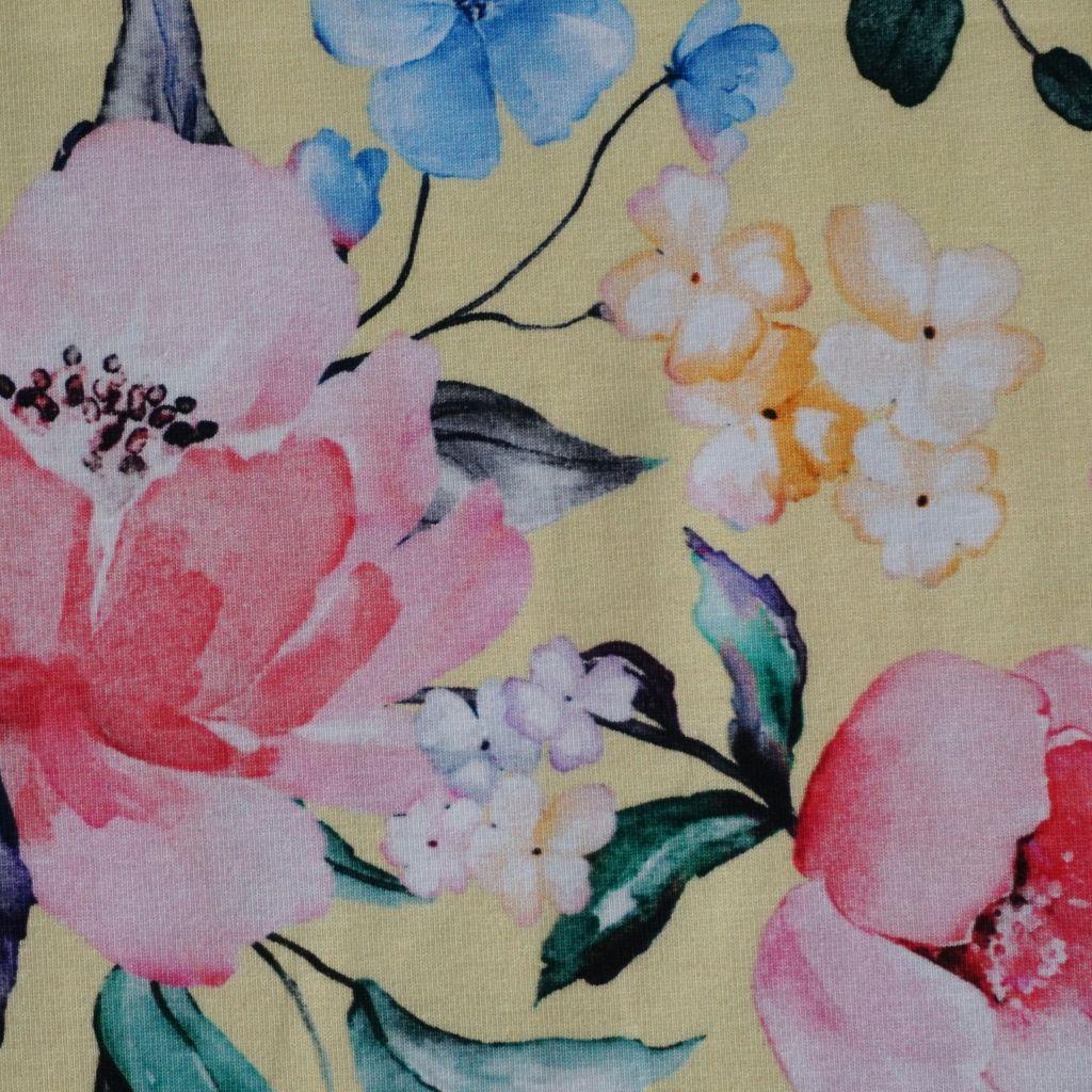 Baumwolljersey Rosen Blüten hellgelb - Glitzerpüppi