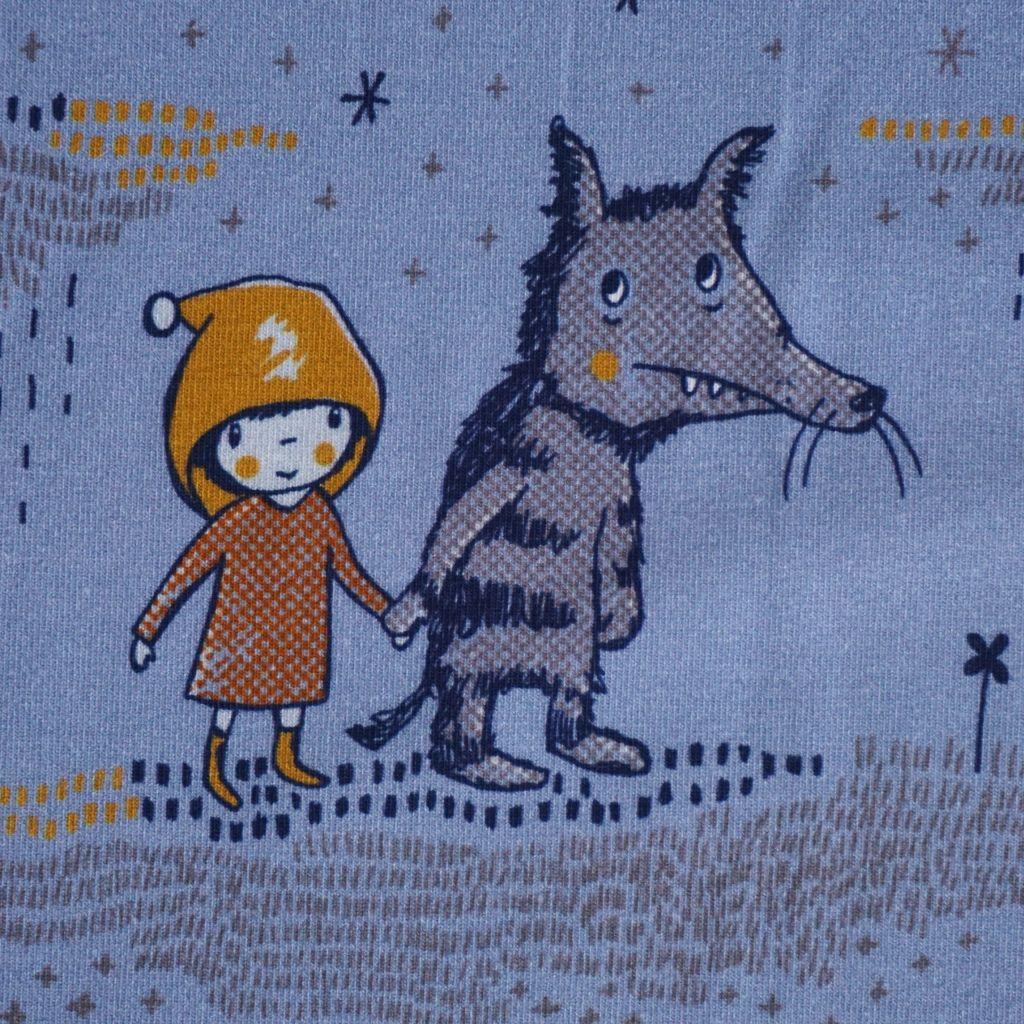 Baumwolljersey Wolf bei Nacht von Susalabim blau gelb – Bio