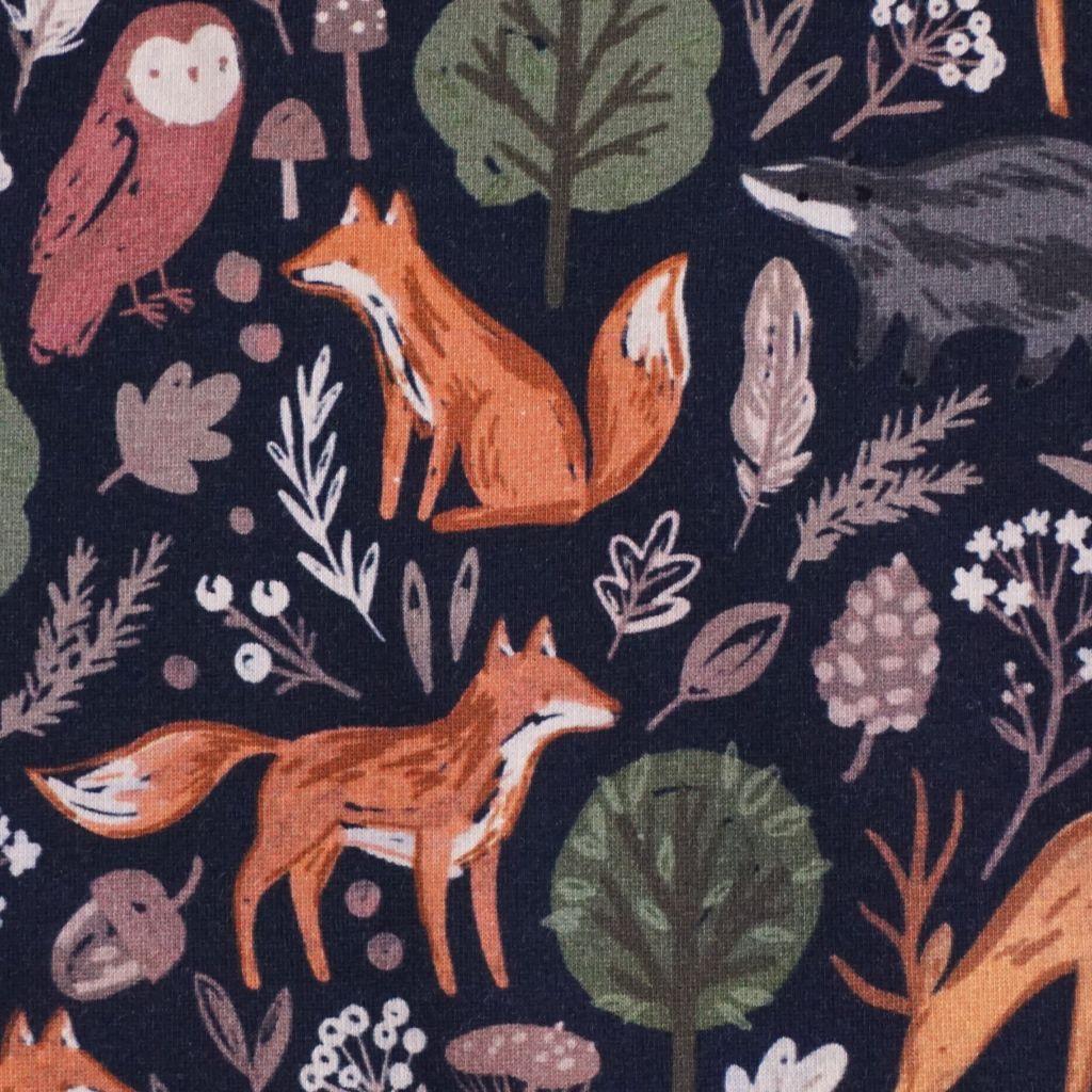 Stretch-Sweat leicht Waldtiere Eule Fuchs Reh dunkelblau