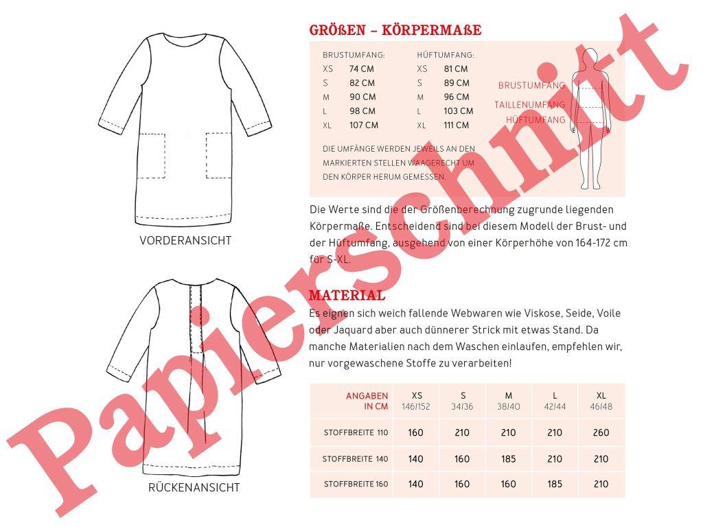 Papierschnittmuster Kleid mit Taschen Frau Yuma XS-XL