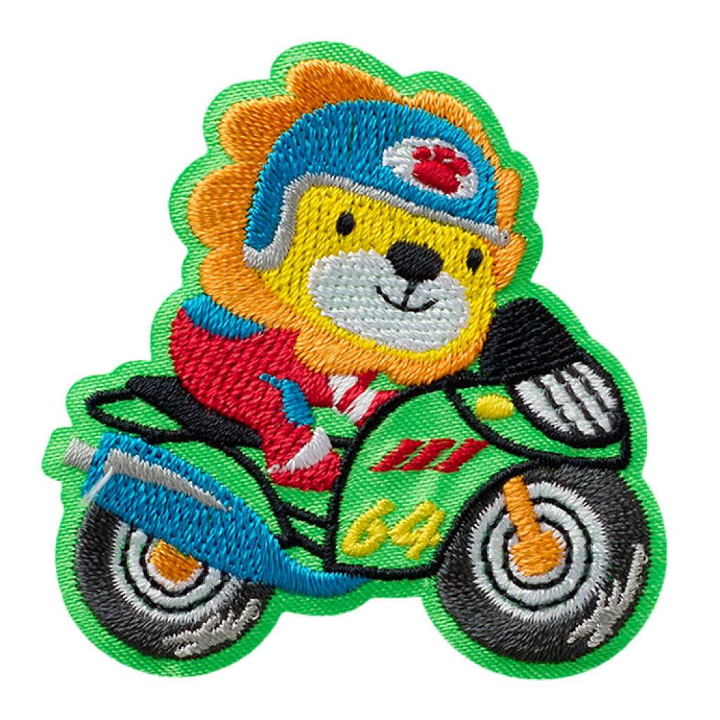 Bügelbild Applikation Rennfahrer Löwe