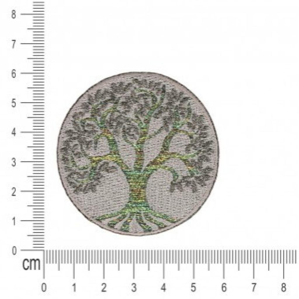 Bügelbild Applikation Label Baum grau bunt