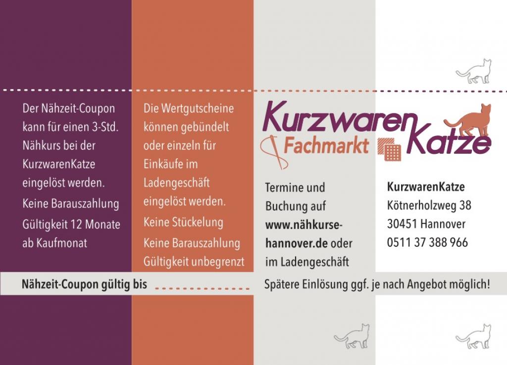 Nähkursgutschein 1x 3 Std. Nähzeit bei der KurzwarenKatze