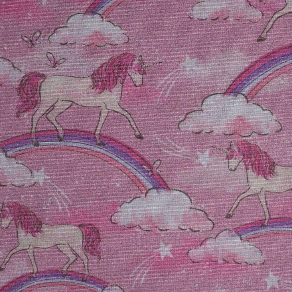 REST Baumwollstoff Motivdruck Einhorn auf Regenbogen rosa