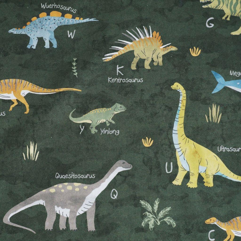 Baumwollstoff Motivdruck Dinosauerierarten auf grün