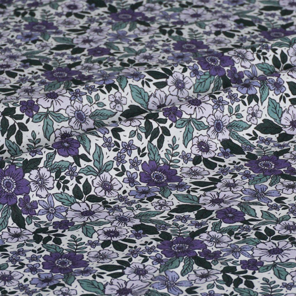 Leichter Baumwollstoff Blüten flieder lila mattgrün