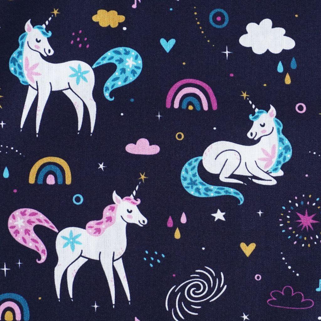 Baumwollstoff Motivdruck Einhorn Regenbogen dunkelblau rosa