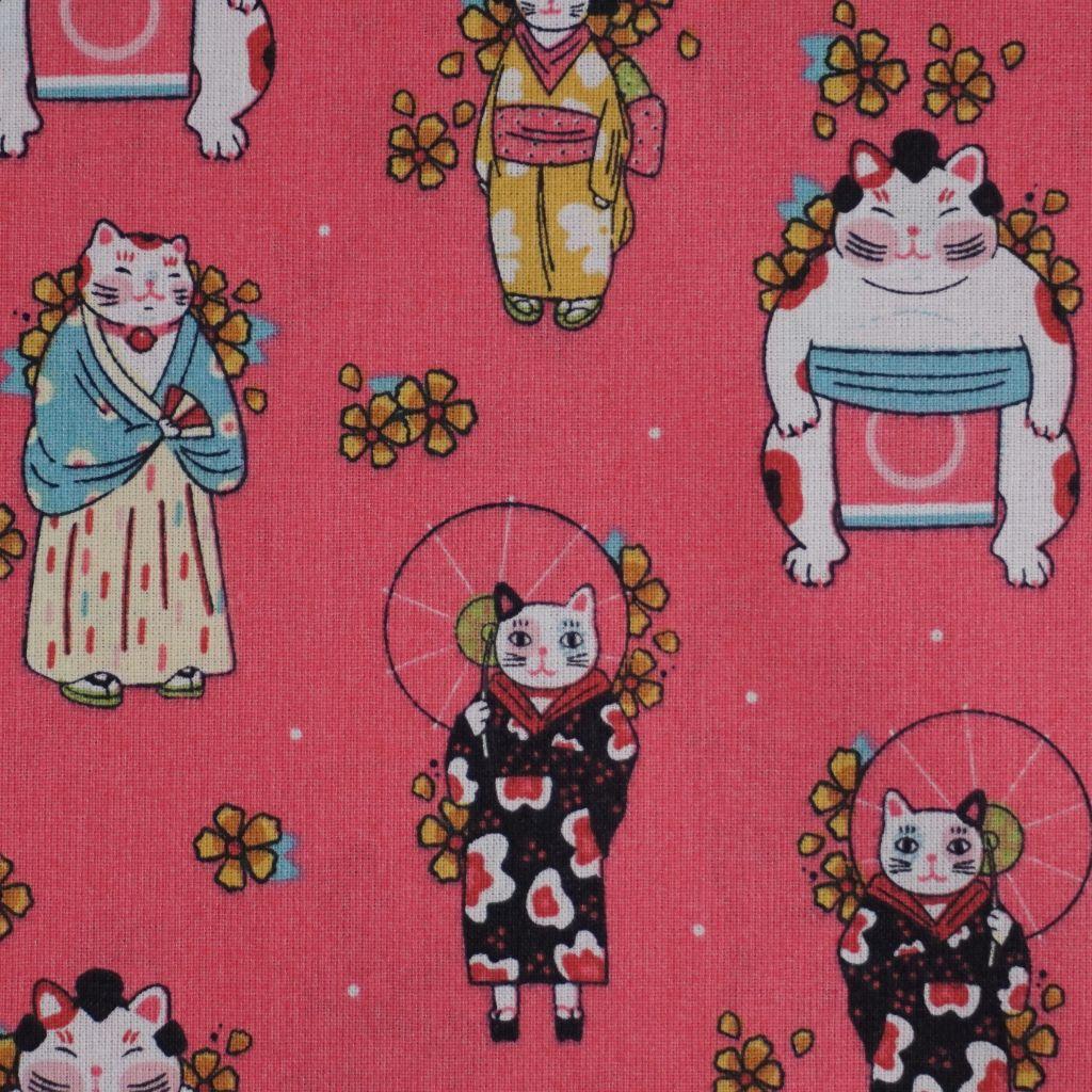 Baumwollstoff Motivdruck Katzen Japanstyle auf bonbonrosa