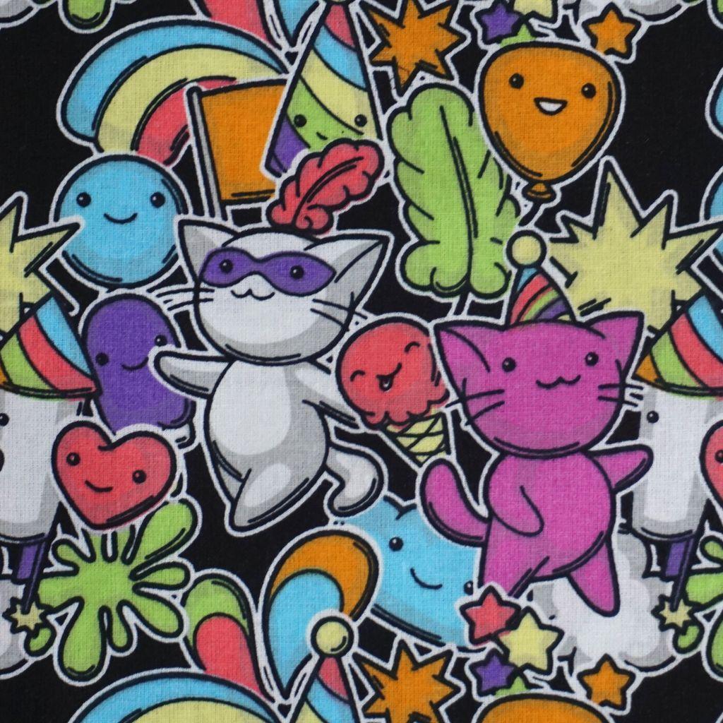 Baumwollstoff Motivdruck Manga Katzen Stern Herz bunt