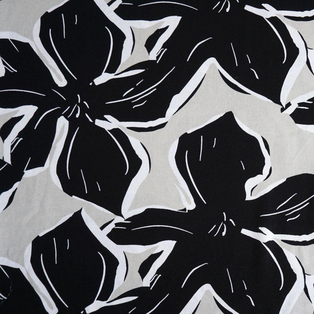 Viskose-Leinenstoff große Blüten schwarz hellbeige