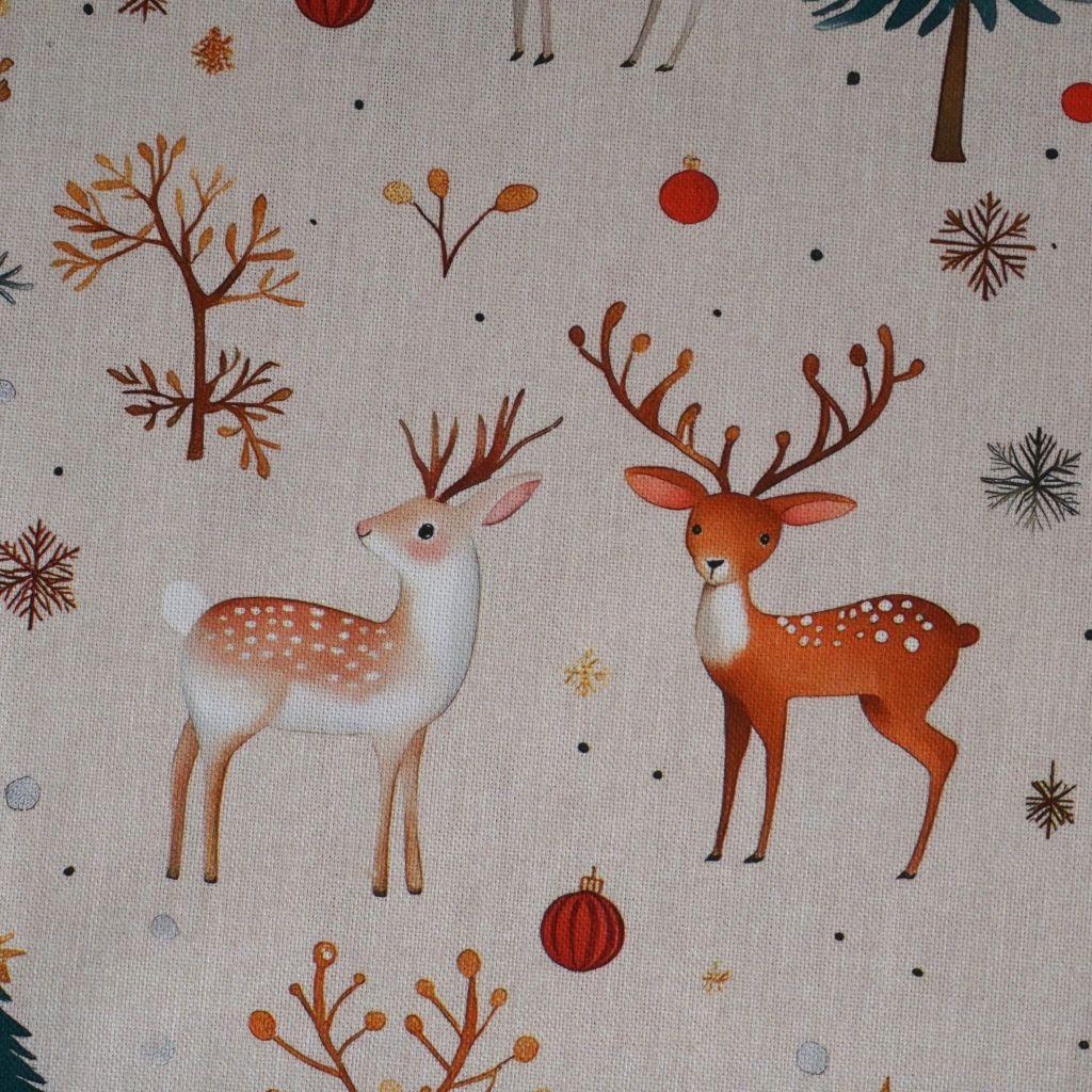 Dekostoff Halbpanama Hirsch Reh Tannenbaum beige