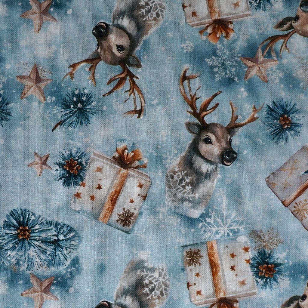 Dekostoff Halbpanama Hirsch Geschenke Eiskristalle blau