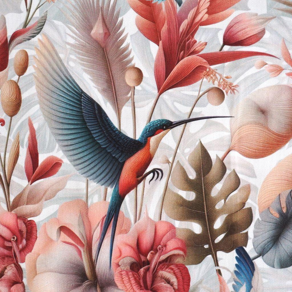 Dekostoff Halbpanama Kolibri mit Pflanzen rosa petrol
