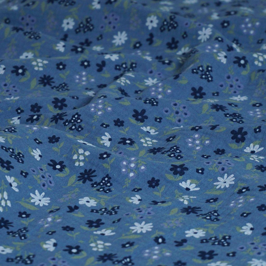 Musselin Double Gauze blaue weiße Blümchen auf jeansblau