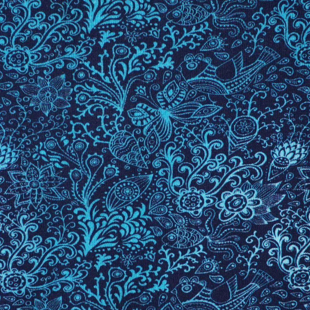 Baumwolljersey Zeichnungen Blüten Kringel blau türkis