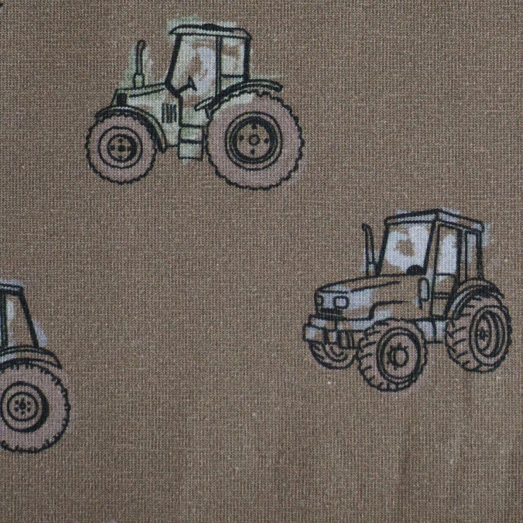 Baumwolljersey Trecker Traktoren auf taupe braun