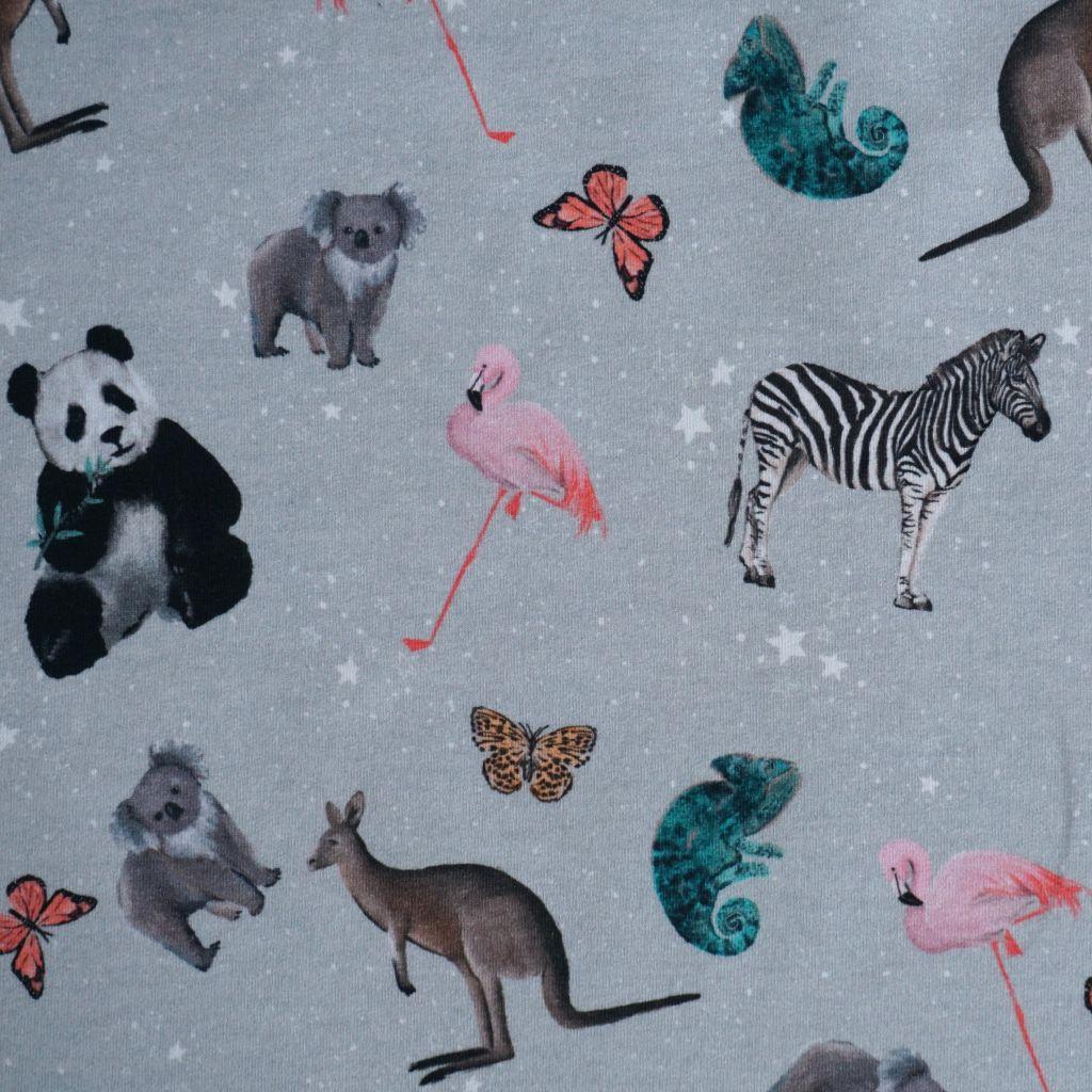 French Terry Tiere Zebra Koala Känguru Panda Chamäleon grau