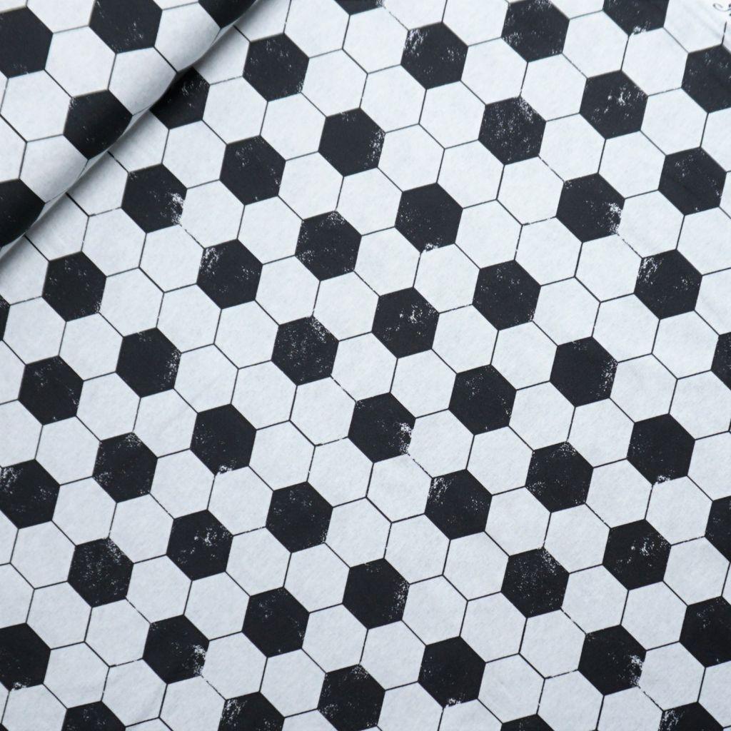 Baumwolljersey Fußball-Muster schwarz weiß – FVJ