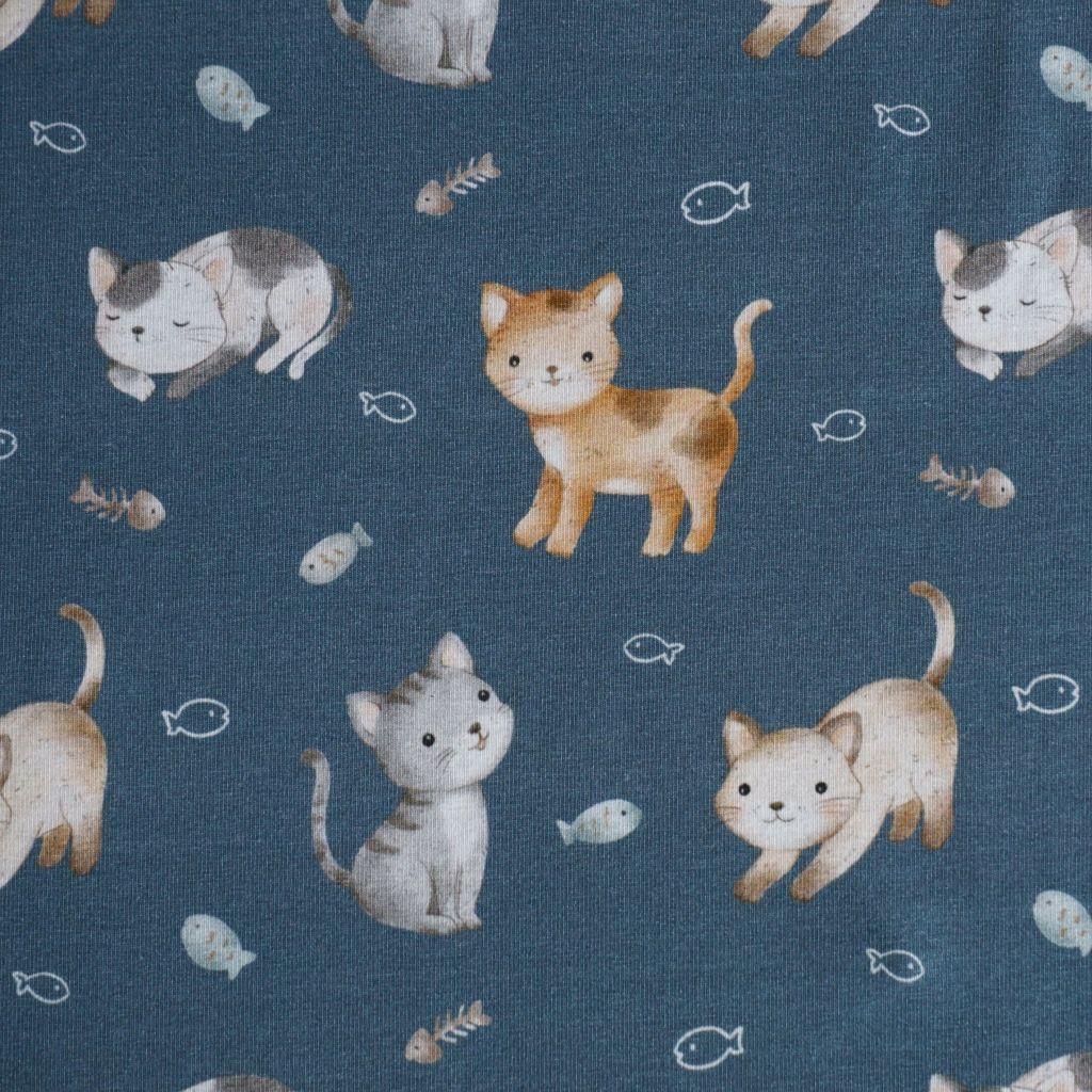 Baumwolljersey Katzen auf jeansblau