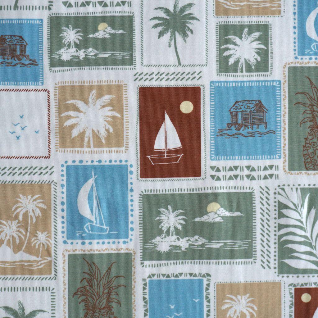 Baumwolljersey Briefmarken Reisemotive grün beige blau