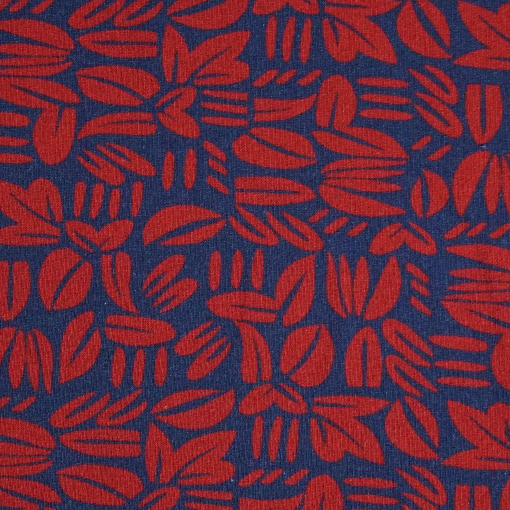 French Terry abstrakte Blätter dunkelrot auf dunkelblau