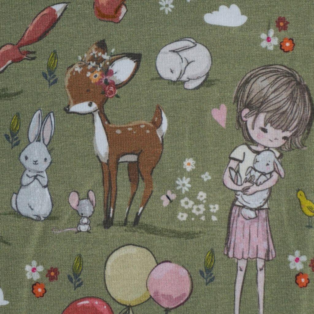 Baumwolljersey Mädchen mit Hase und Reh grün – FVJ