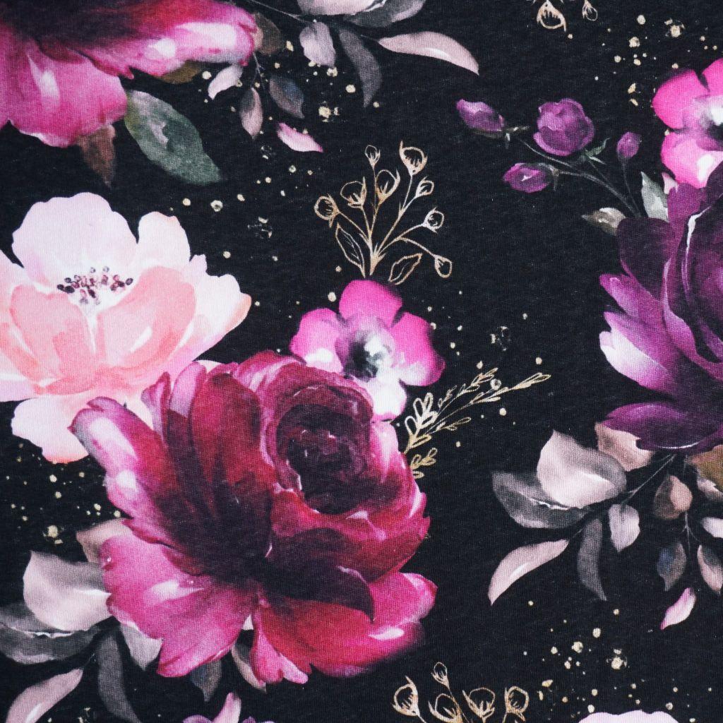 Sweat Stoff Rosenblüten pink schwarz - Glitzerpüppi
